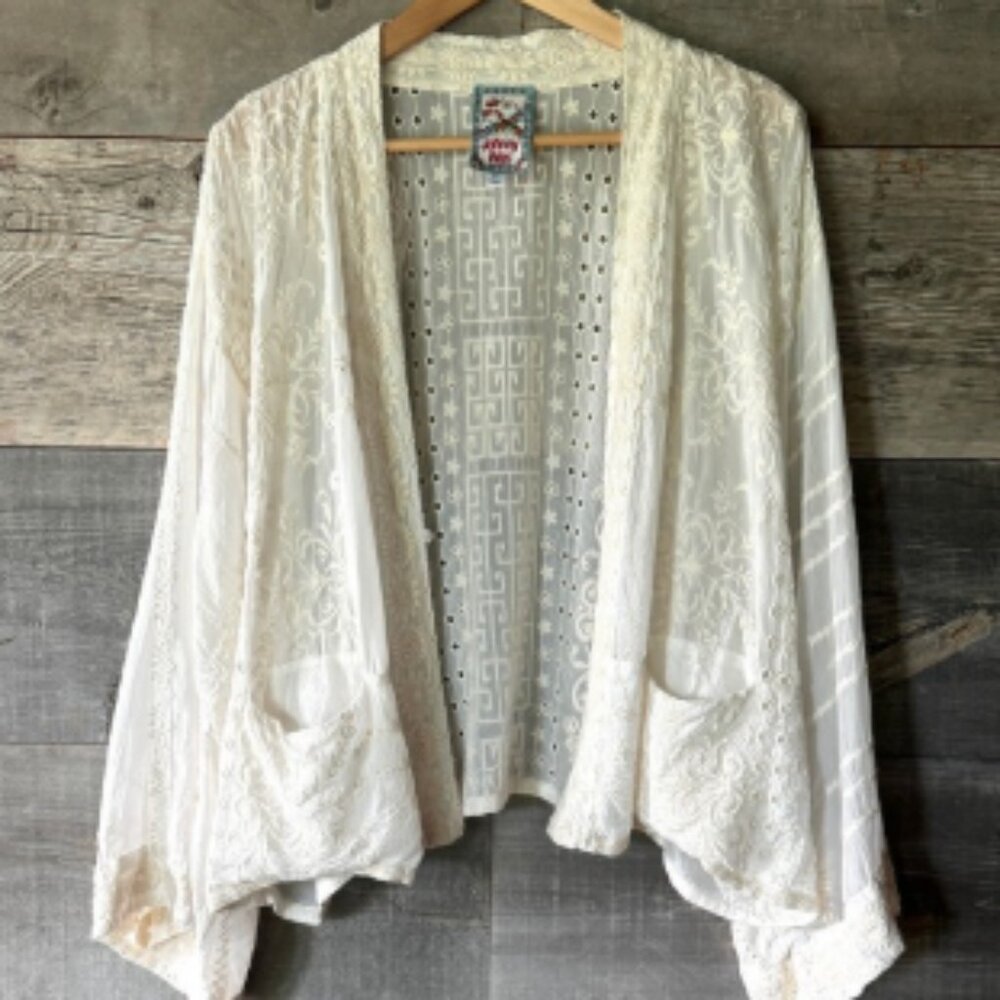 Johnny Was Ramos Danica Kimono Embroidered XL White Floral Eyelet Sheer Boho